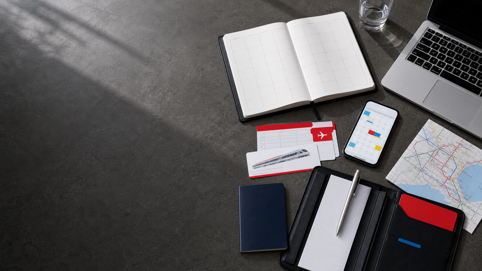 Administration worktable with planner, travel documents and meeting materials