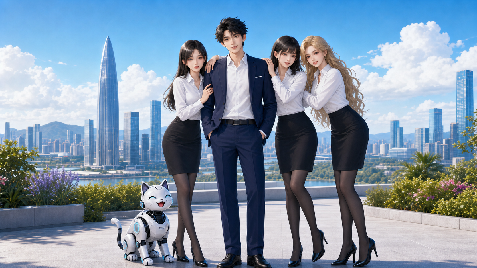 Pengyi embraced by the three PAdT policy agents with Little G Cat against the Shenzhen skyline