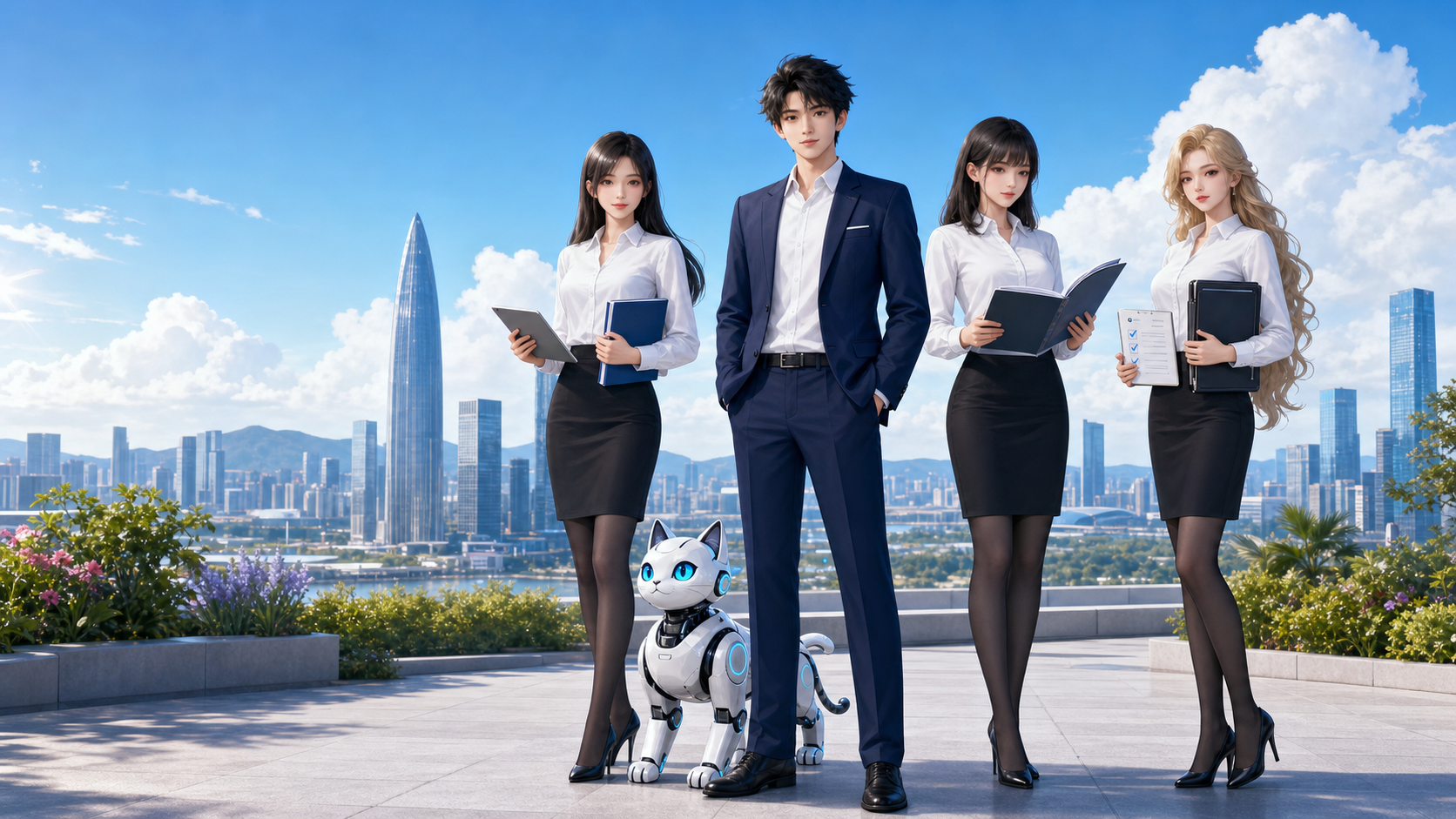 Pengyi, Little G Cat and the three PAdT policy administration agents beneath a blue Shenzhen sky